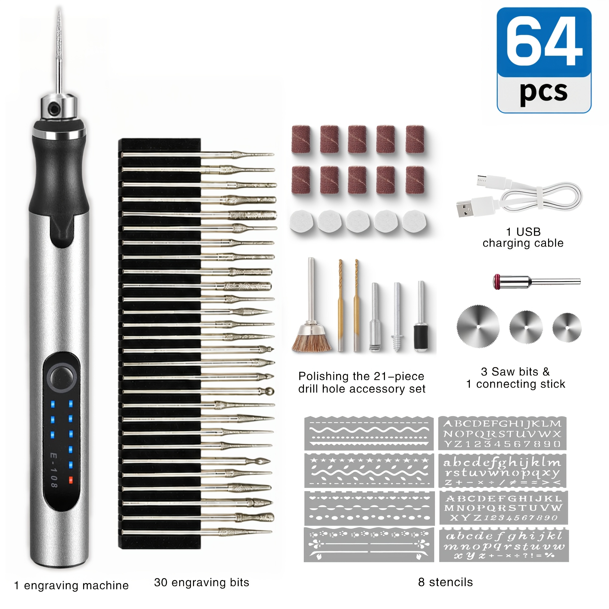 TEMU 64pcs Rotary Tool, Rechargeable Engraving Machine, Cordless Portable Engraving Pen With Settings, Includes Usb-c Cable And 30 Drill Bits,
