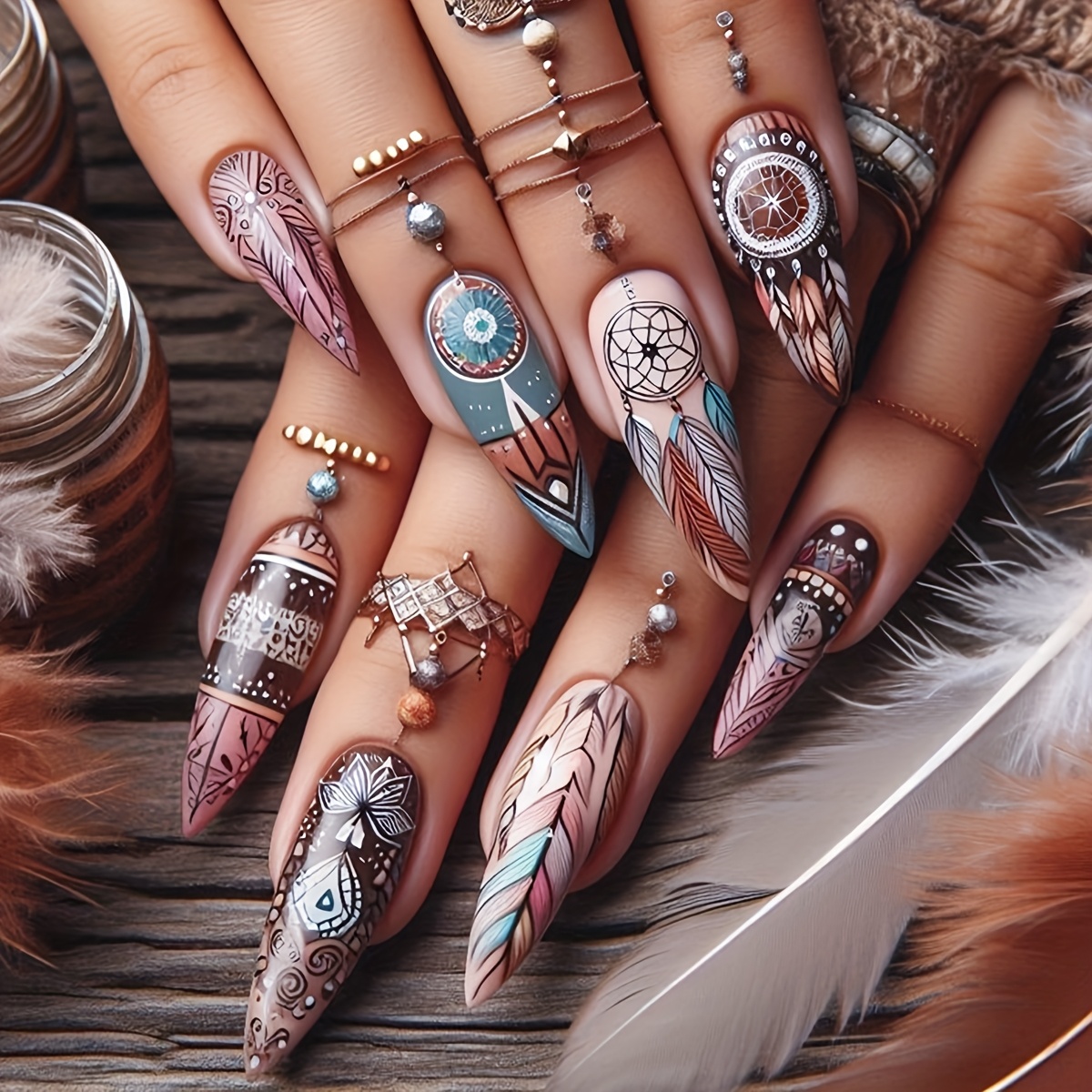 Image of 24pcs Autumn Winter Wind Chime Feather Bohemian -on Nails Women Medium Length Almond Shape Mandala Style False Nails For Daily Wear Party Travel Holiday Fake Nails