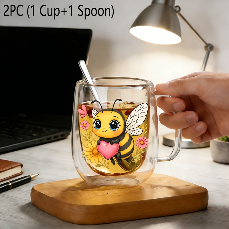 TEMU 2pcs Insulated Double-walled Borosilicate Reusable Glass Cup With Spoon Handle,large Capacity Clear Coffee Mug For Beverages Drinks For Men