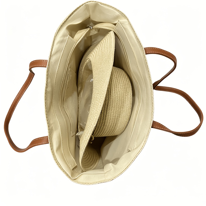 2pcs Elegant Beach Hat + Woven Tote Bag Set, Stylish Large-Capacity Vacation-Style Women's Shoulder Bag, Elegant Strap Accent Beach Hat, Suitable for Seaside Travel, Outdoor Outings, and Other Occasions, Birthday Gift, Valentine's Day Gift