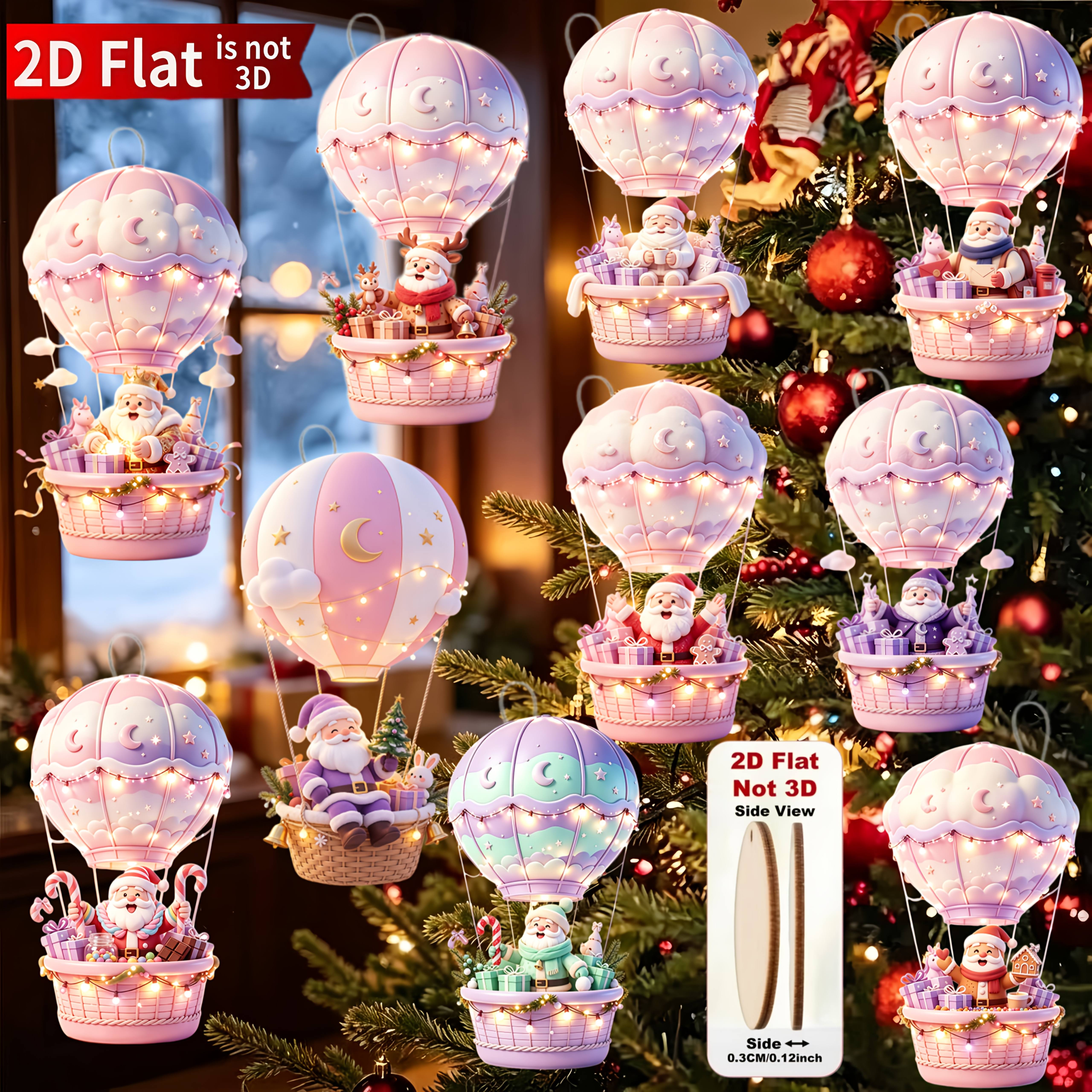TEMU 2d Flat, 2dflat, 10pcs Santa Claus Riding A Hot Air Balloon Christmas Hanging Ornaments, Classic Holiday Element Printed Design Decorations,