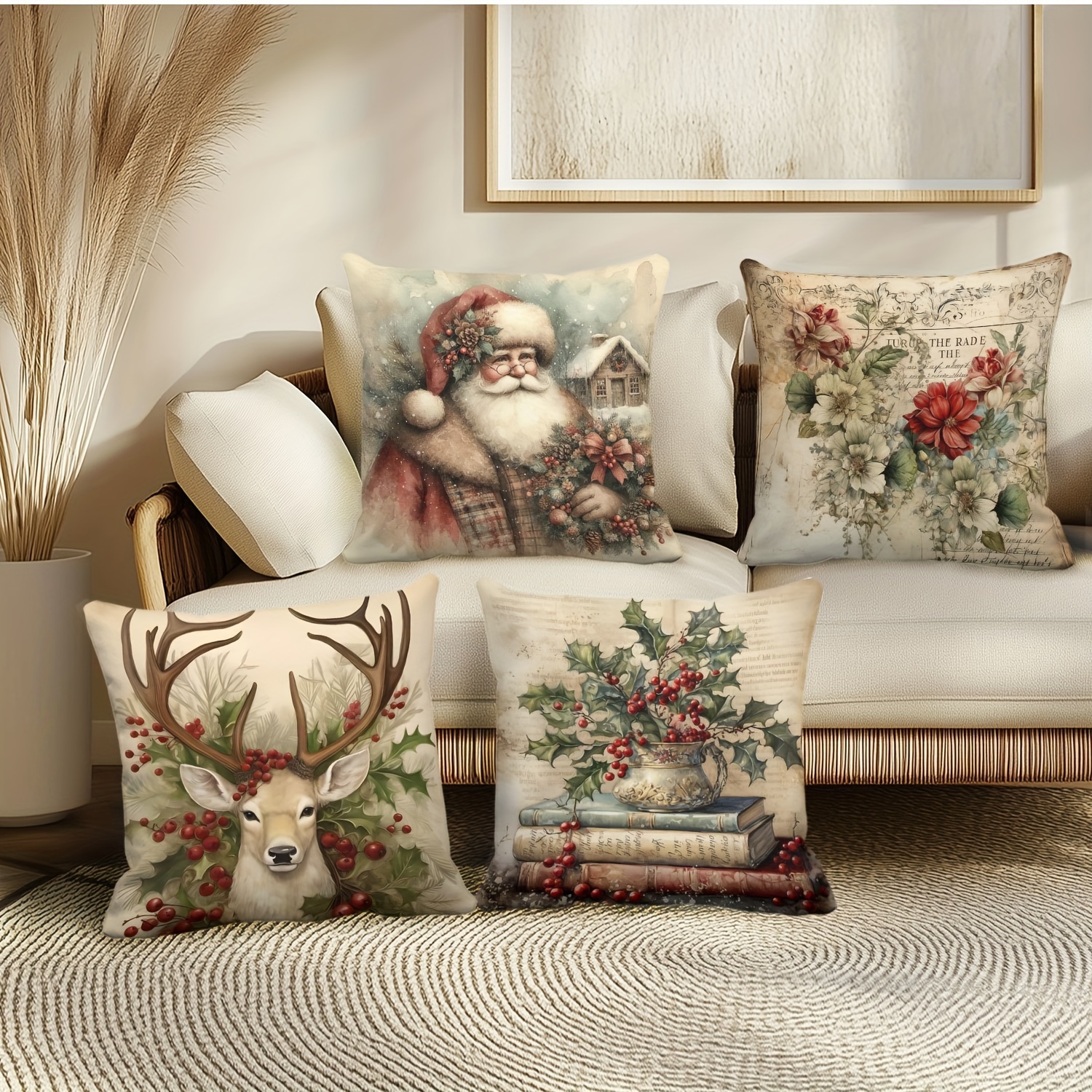 

Set Of 4 Christmas Themed Pillow Covers - 18x18 Inches, , Hand Wash, Zipper Closure, Woven Decorative Cushion Cover, Suitable For Home, Living Room, Office - Snowman, Deer, Bells, Happy Patterns