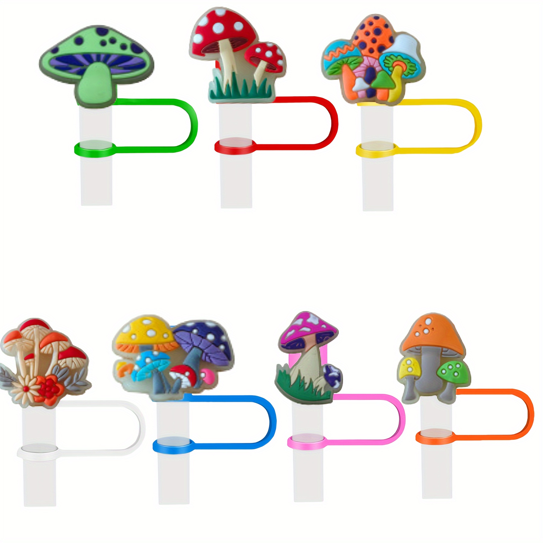 

7pcs, Straw Cover, Reusable Straw Cap, Cartoon Cute Mushroom Silicone Straw Cover Cap, Dustproof Straw Topper
