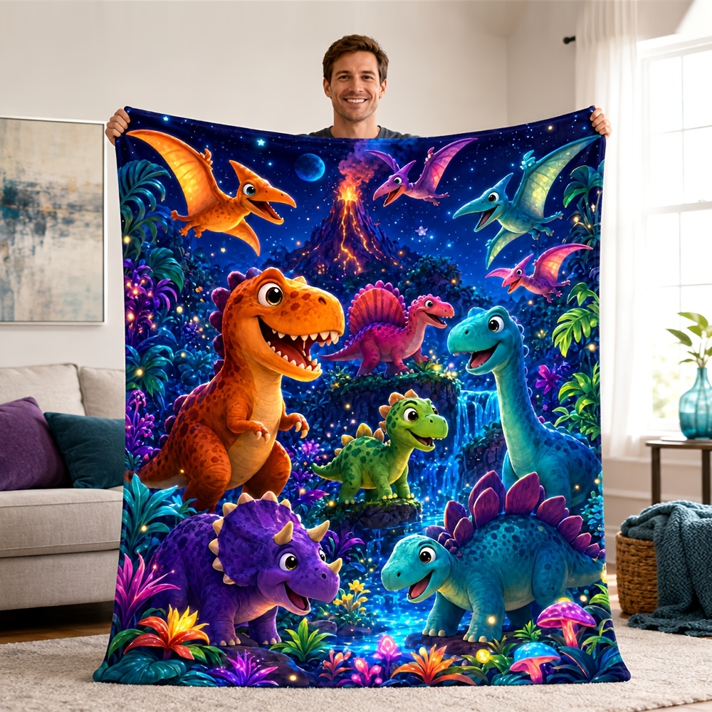 TEMU 1pc 2d Printed Blanket Non 3d Fantasy Dinosaur Jungle Pattern Flannel Throw Blanket Light Warm Soft Blanket For Sofa Adventure Themed Gift For