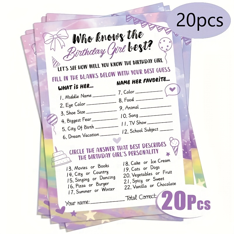 12/20pcs, Who'S the Birthday Girl Choose Game Set Double-sided  Birthday Party Card, Purple Color Confetti Theme Overni