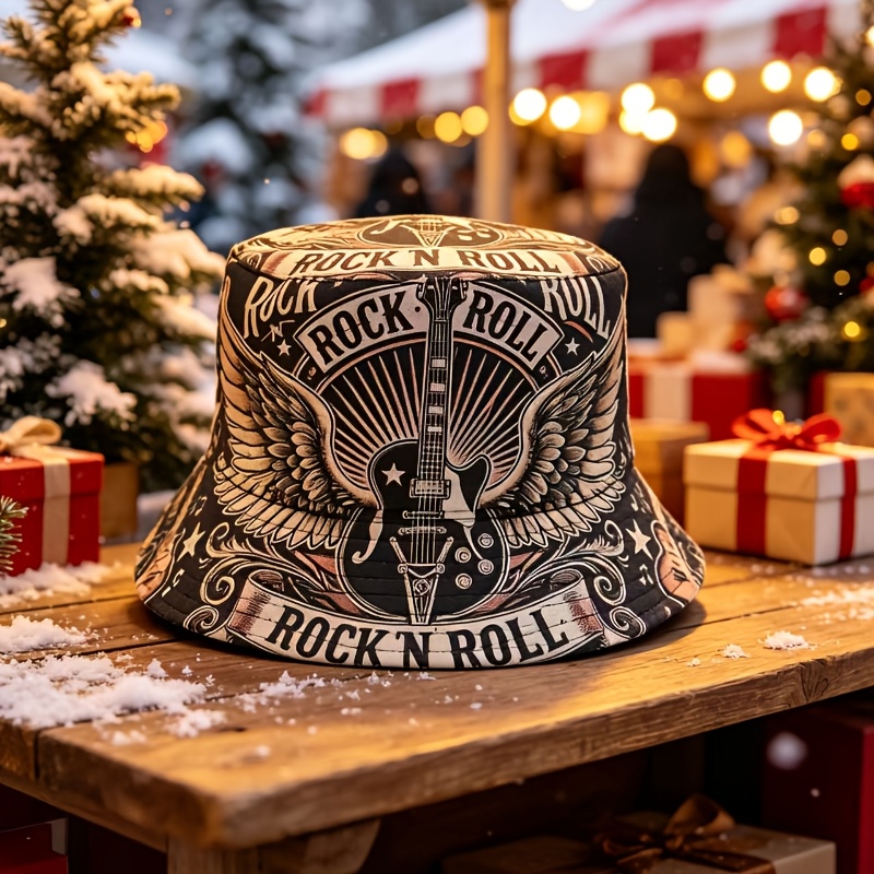 TEMU Vintage Rock Guitar Pattern Bucket Hat, -inspired Unisex Street-style With Wing And , Durable Material, Fashion Headwear, Must-have For Music