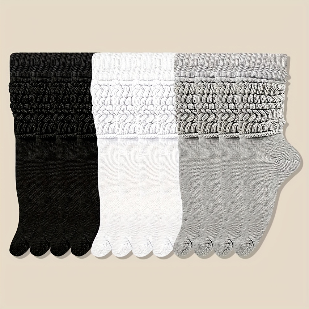 

6 Pairs Women's Mid-calf Thermal Knit Socks, Polyester 80%, Spandex 20%, Solid Color, Machine Washable, With Cute Loose Slouch Design For Spring, Autumn, Winter