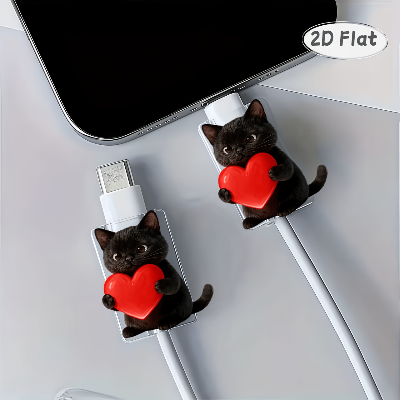 TEMU 2D FLAT 2 pezzi Protezione Cavo con Gattino , Anti-Rotture, Protezione Cavo per Cellulare Type-C, Bellissimo e Resistente (Senza Ricarica)