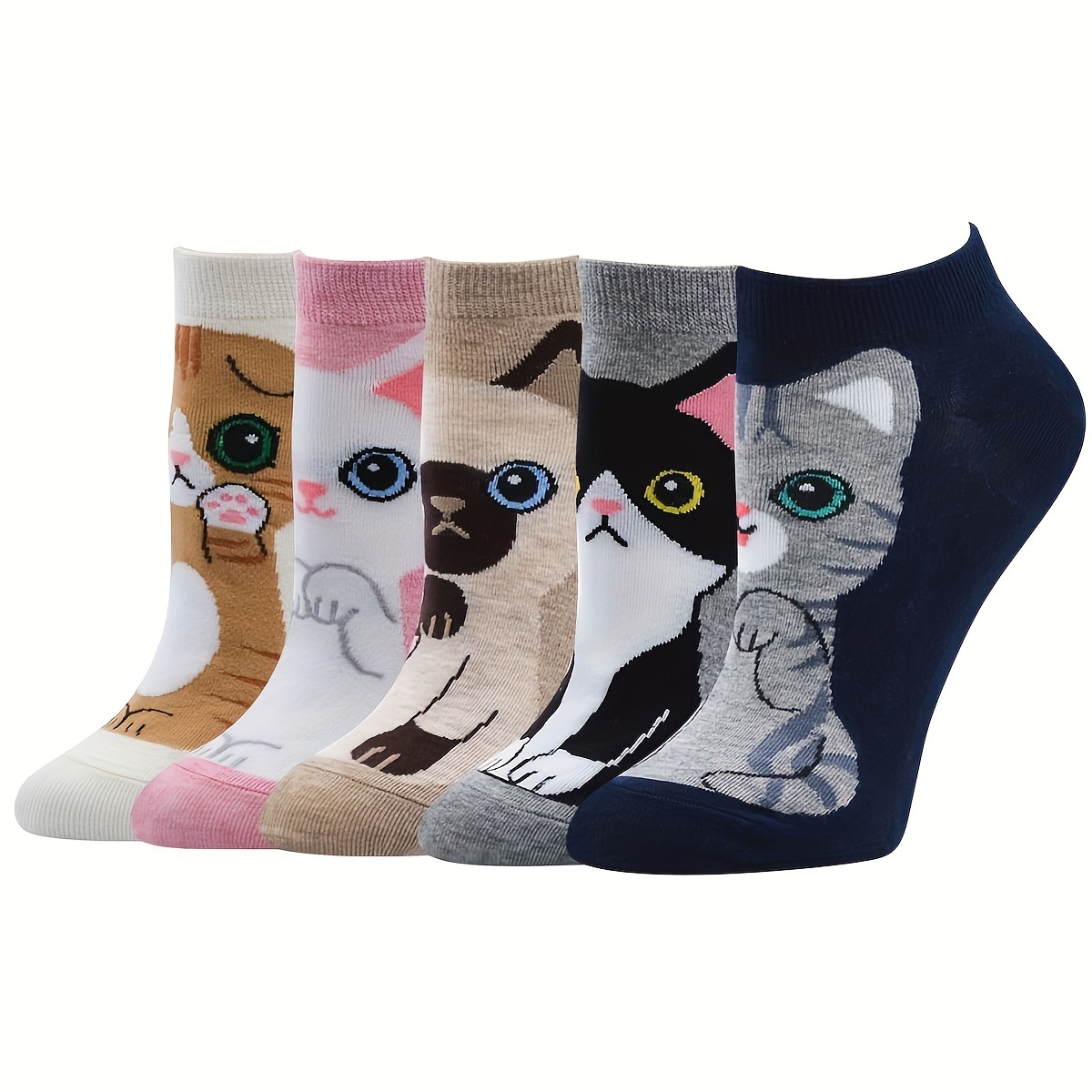 

5 Pairs Cartoon Cat Print Socks, Cute & Breathable No Show Ankle Socks, Women's Stockings & Hosiery