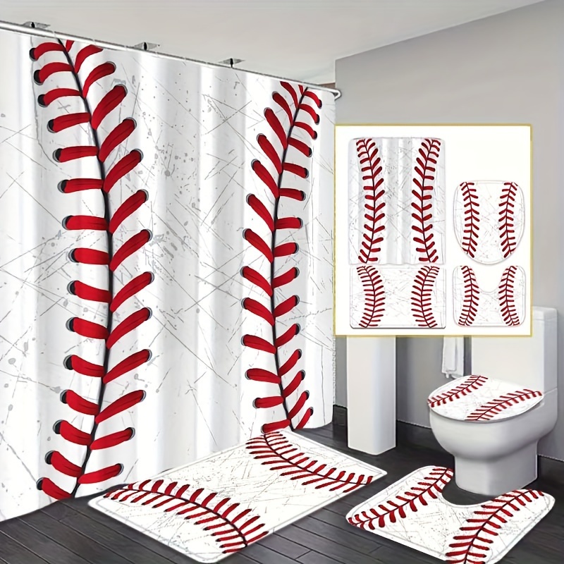 

Baseball Themed Shower Curtain Set With Non-slip Rugs, Toilet Lid Cover, U-shaped Mat, And 12 Hooks, Water-resistant Twill Fabric Sports Curtain, Universal Home Bathroom Decor