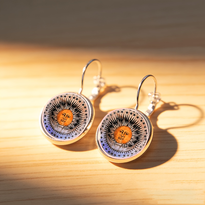 2pcs Set Round Glass Earrings with Radiant Sun Face Design