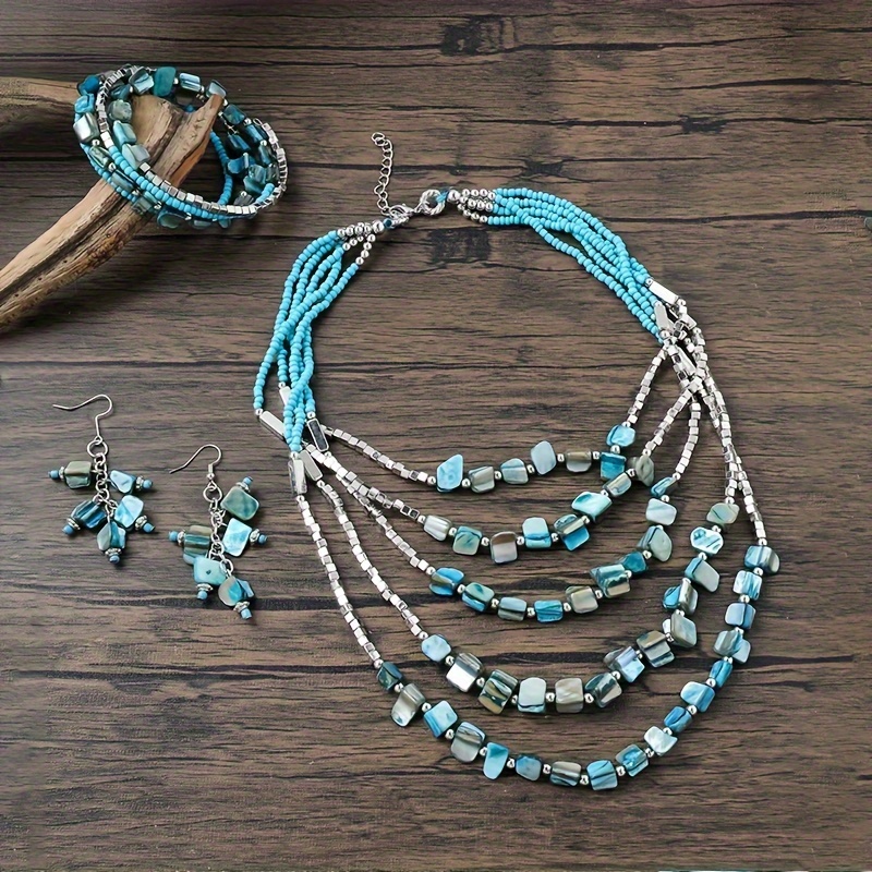 

3pcs/set Bohemian Vintage Multilayer Shell Necklace, Earrings, And Stackable Elastic Bracelet Set - Perfect For Gifts Or Parties - Resin And Shell Materials - Statement Handcrafted Jewelry Set