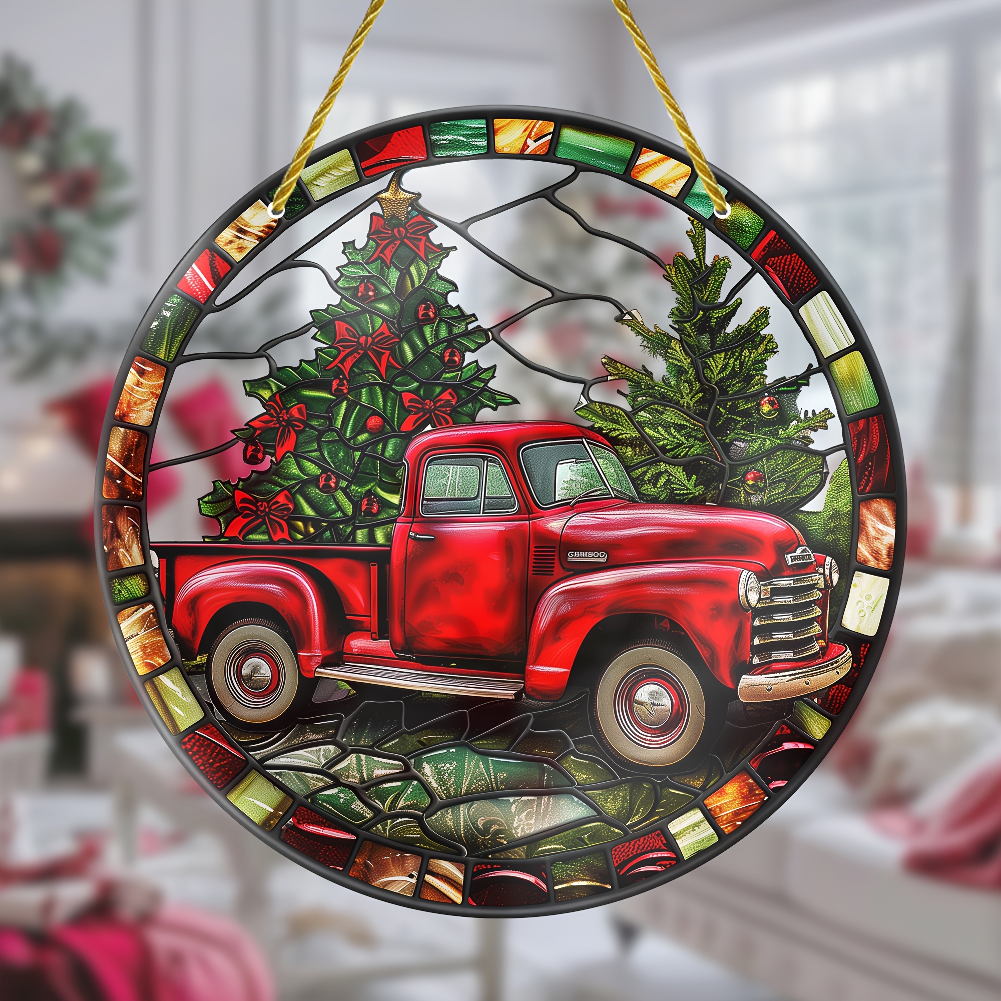 

Christmas Vintage Red Truck Suncatcher 8" - Festive Stained Glass Hanging Decoration, Vibrant Holiday Decor, Unique Gift Idea For Home & Office, Pre-drilled For Easy Mounting, Ideal For Friends