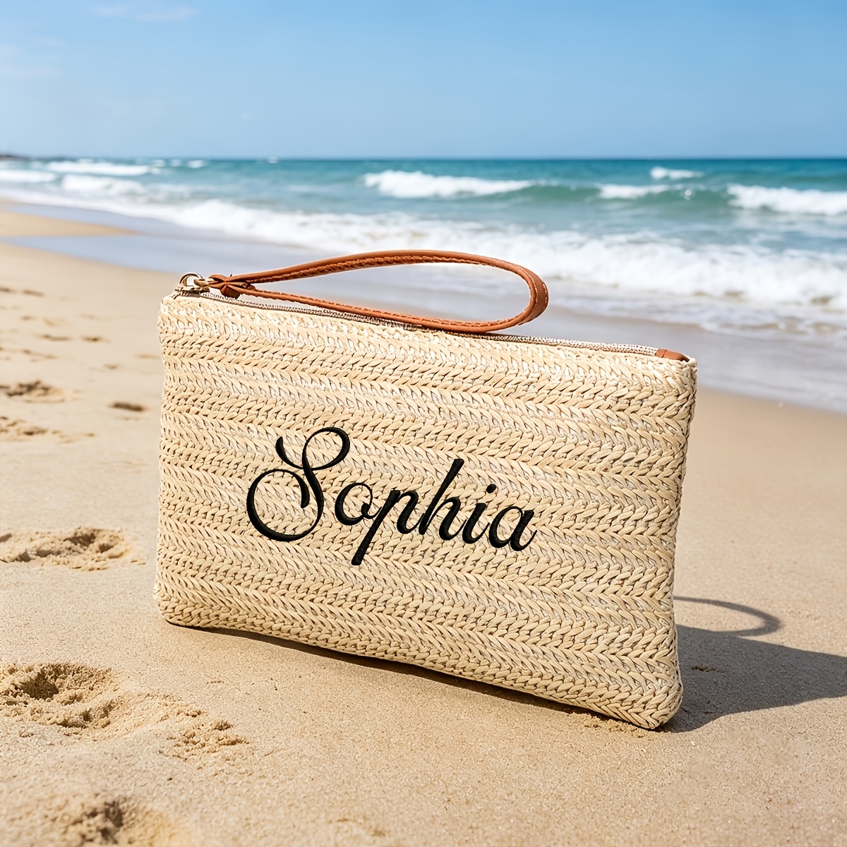 TEMU Personalized Embroidered Grass Weave Handbag Wallet, Custom Summer Wristlet And Zipper Embroidered Personalized Pouch, Bridesmaid Makeup Bag,