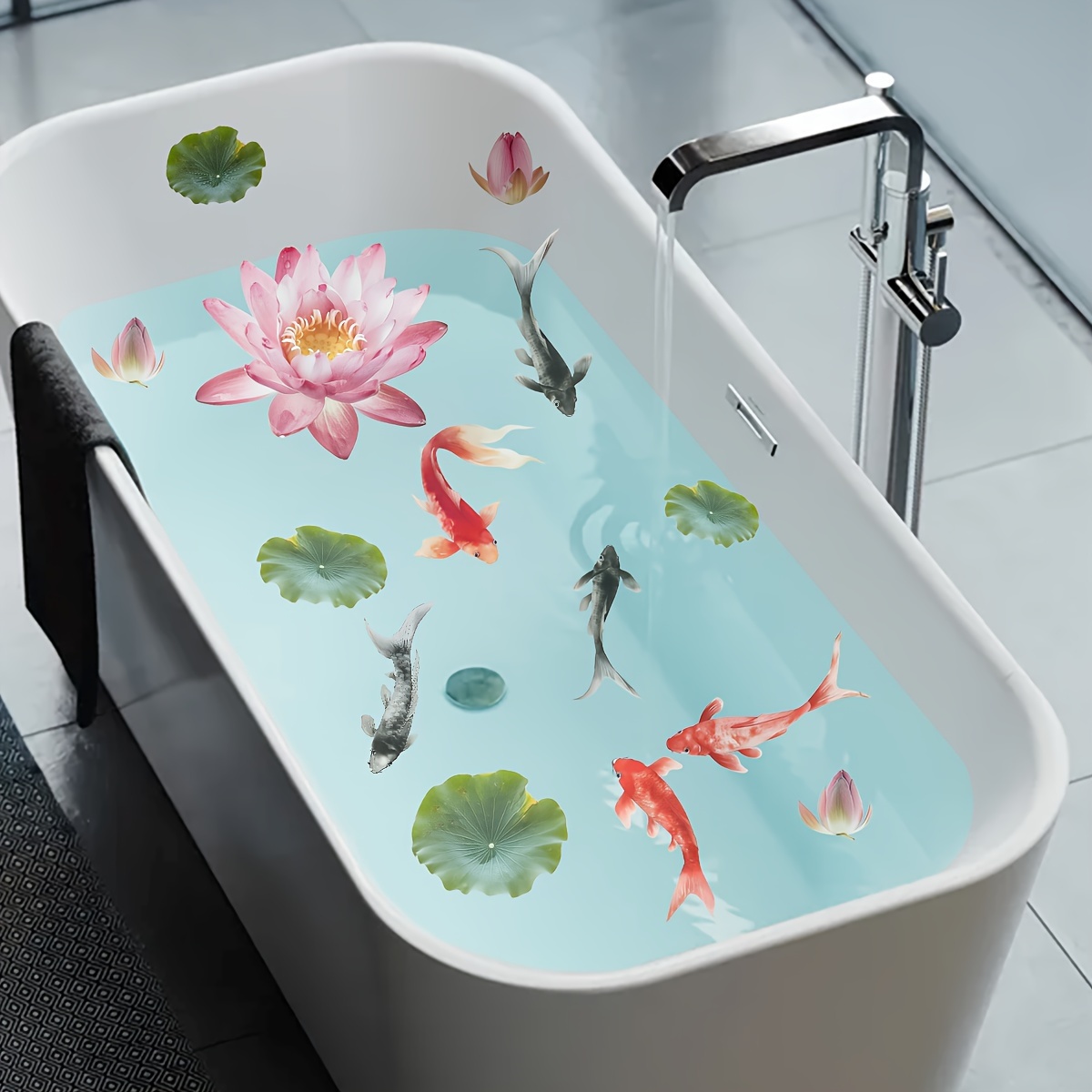 

3-pack Traditional Chinese Lotus & Koi Fish Bath Tub Stickers, Non-slip Waterproof Bathtub Appliques, Self-adhesive Bathroom Decoration Decals - Summer Must Have (ms3207-yl)