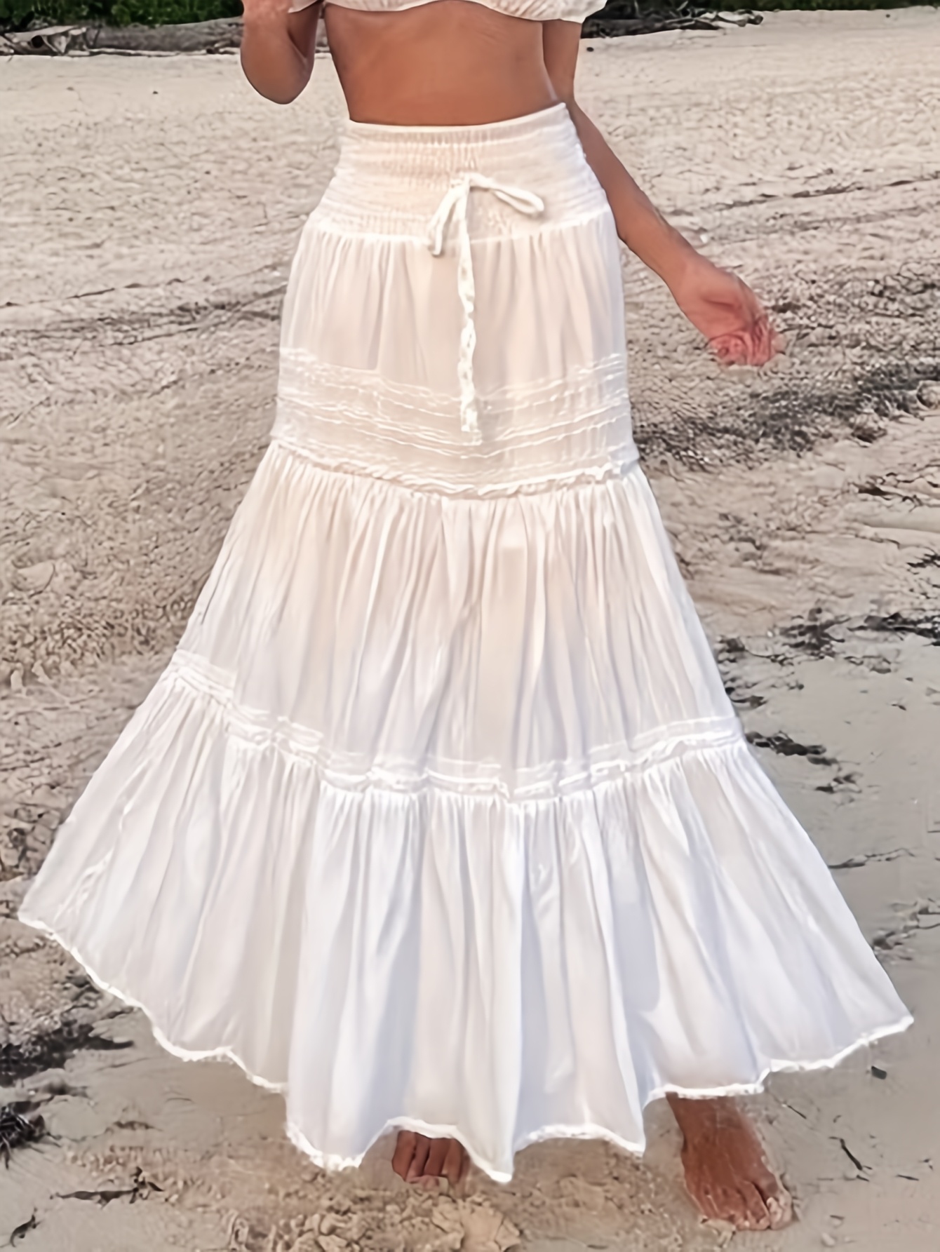 womens high waisted white lace maxi skirt boho style pleated