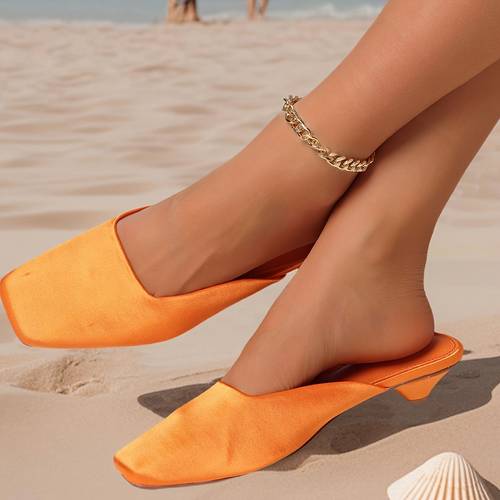 womens comfortable low heel slip on sandals square toe kitten heel cover orange shoes hand wash or rubber sole pu inner lining casual outdoor wear simple slipon style durable footwear