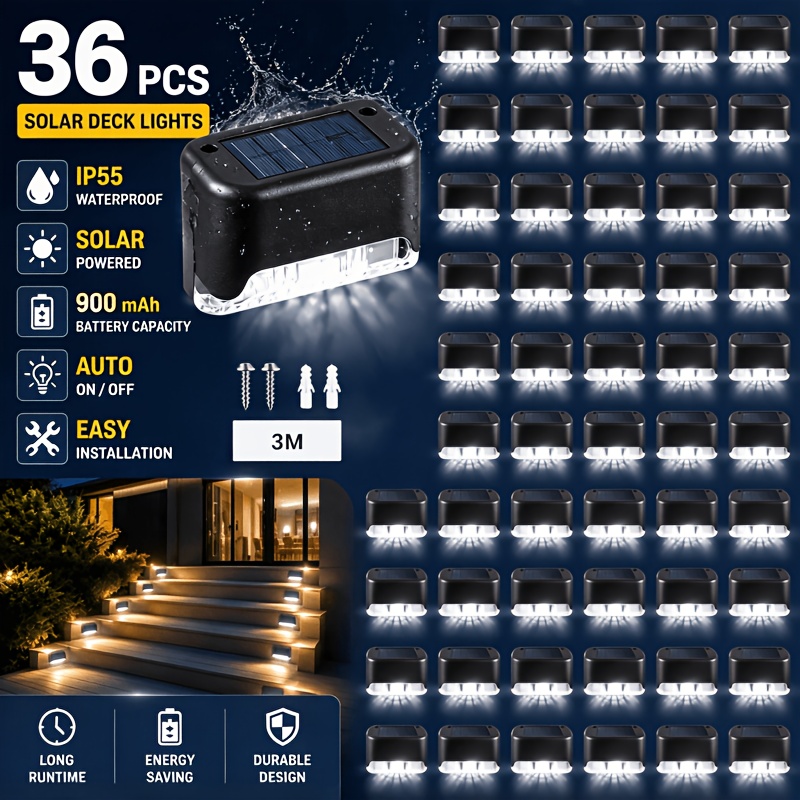 TEMU 36pcs Solar Deck Lights Outdoor, Or 18/9pcs Ip55 Solar Step Lights, Waterproof Led Solar Lights For Outdoor Stairs, Step, Fence, Yard, Patio,