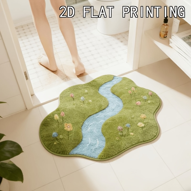 TEMU Tapis Épaissi de Irrégulière pour Chambre et Salon - Tapis de Prairie avec Motif d'Herbe Verte et de Ruisseau Bleu, Dos Antidérapant, Lavable en