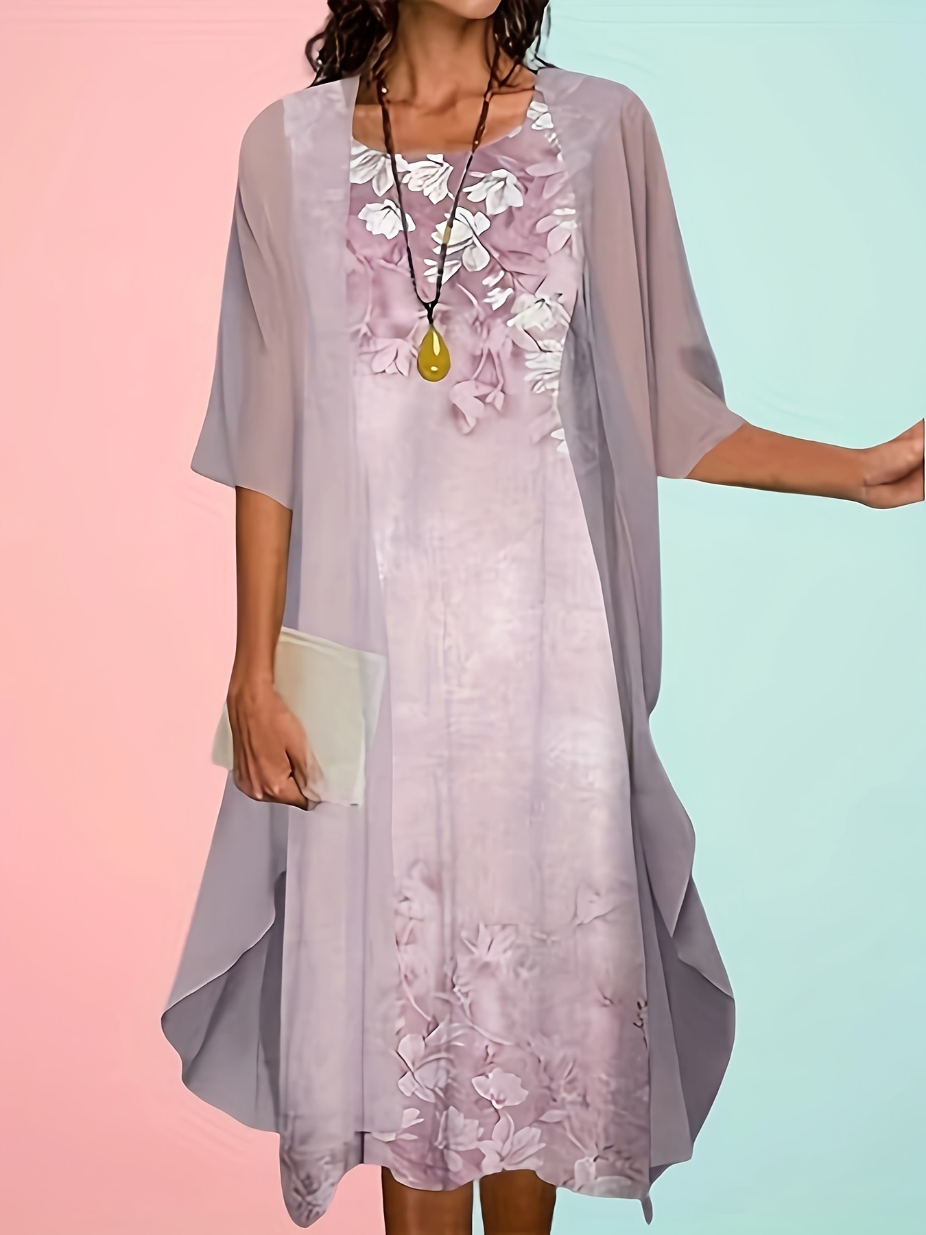 spring summer two piece printed chiffon midi dress short - Temu Portugal
