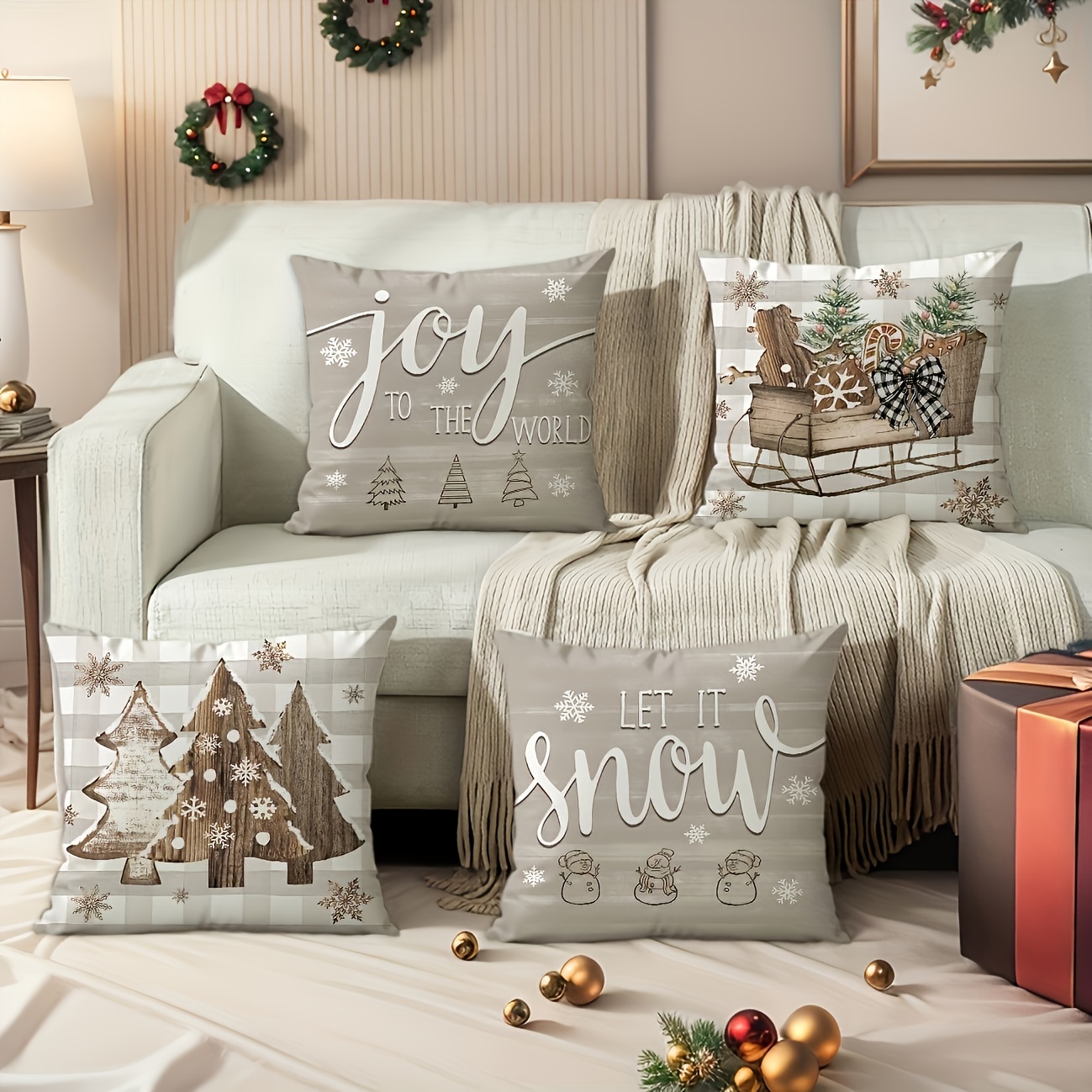 

Christmas Set Of 4, 18x18 , Christmas Tree Cushion , Decor For Porch Sofa , Washable, ,