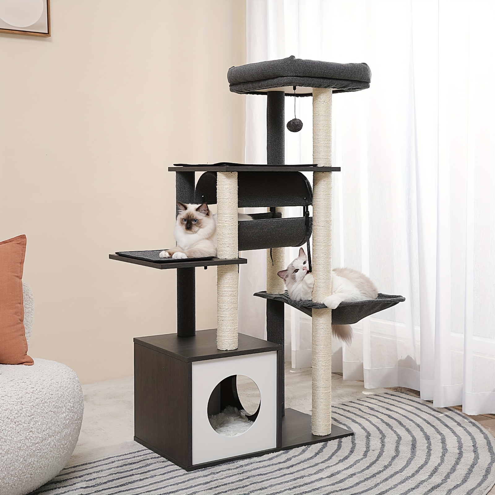 

Modern Cat Tree Premium 6 Levels 51.4 Inches Wooden Cat Tower With Fully Sisal Covered Scratching Posts, Cozy Condo, Spacious Perch, Super Large Hammock And Swing Tunnel For Indoor Cats