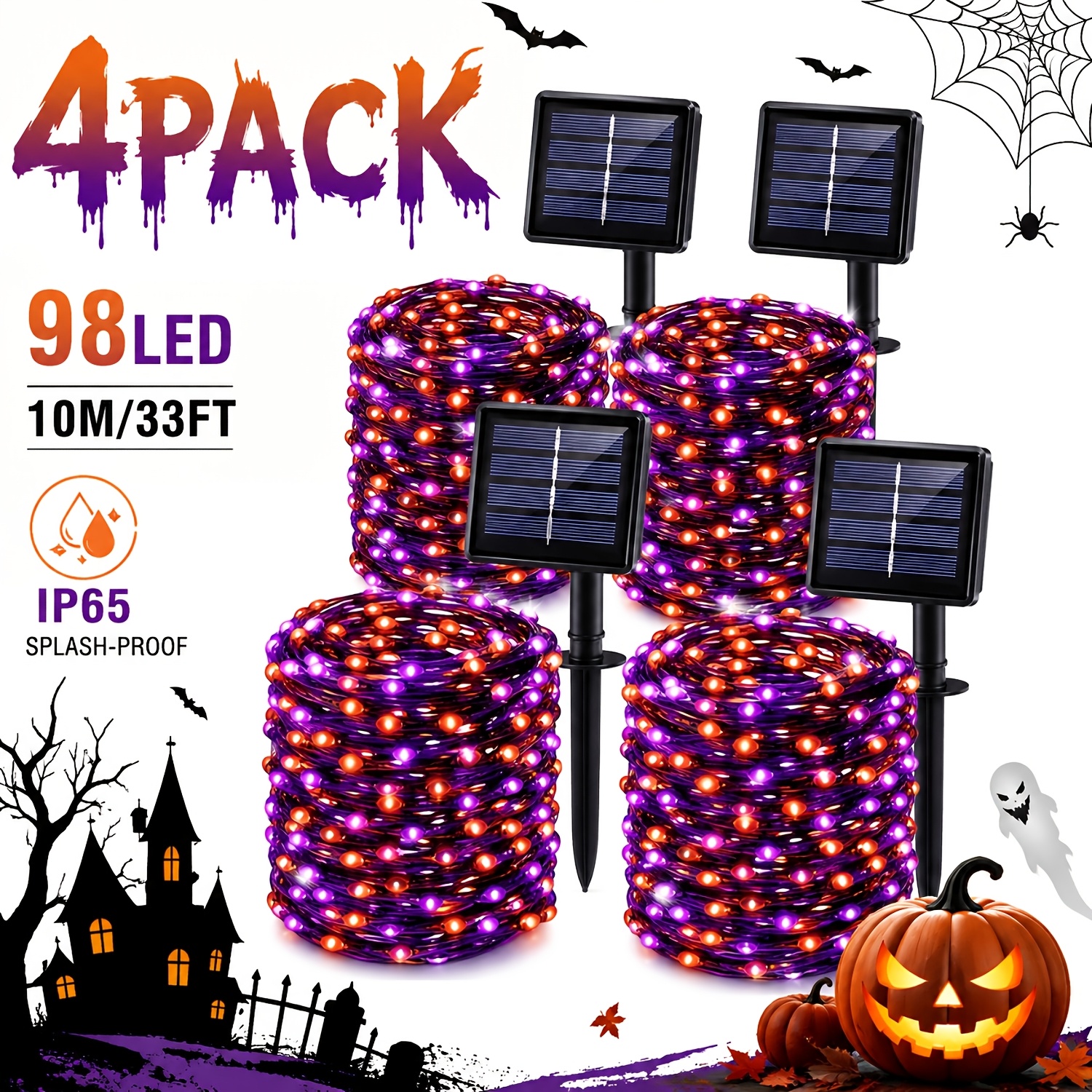 TEMU 4 Packs Of Solar Outdoor String Lights, For Halloween Decorative Lights, 10m/33ft, 98 Leds, 8 , Outdoor Flashing Purple For Halloween String