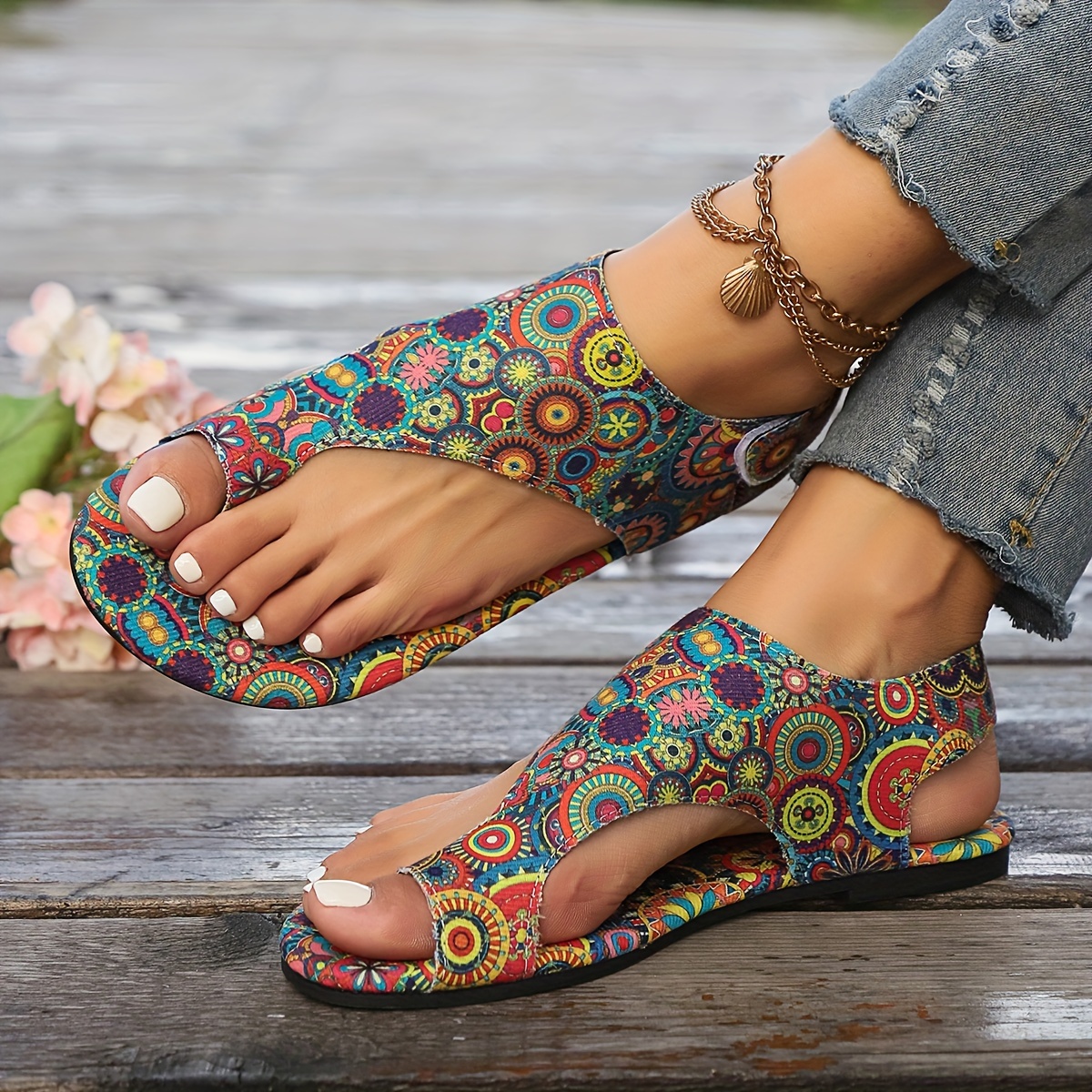 boho chic womens floral flat sandals with hook and loop fastener closure open toe summer fashion slides details 3