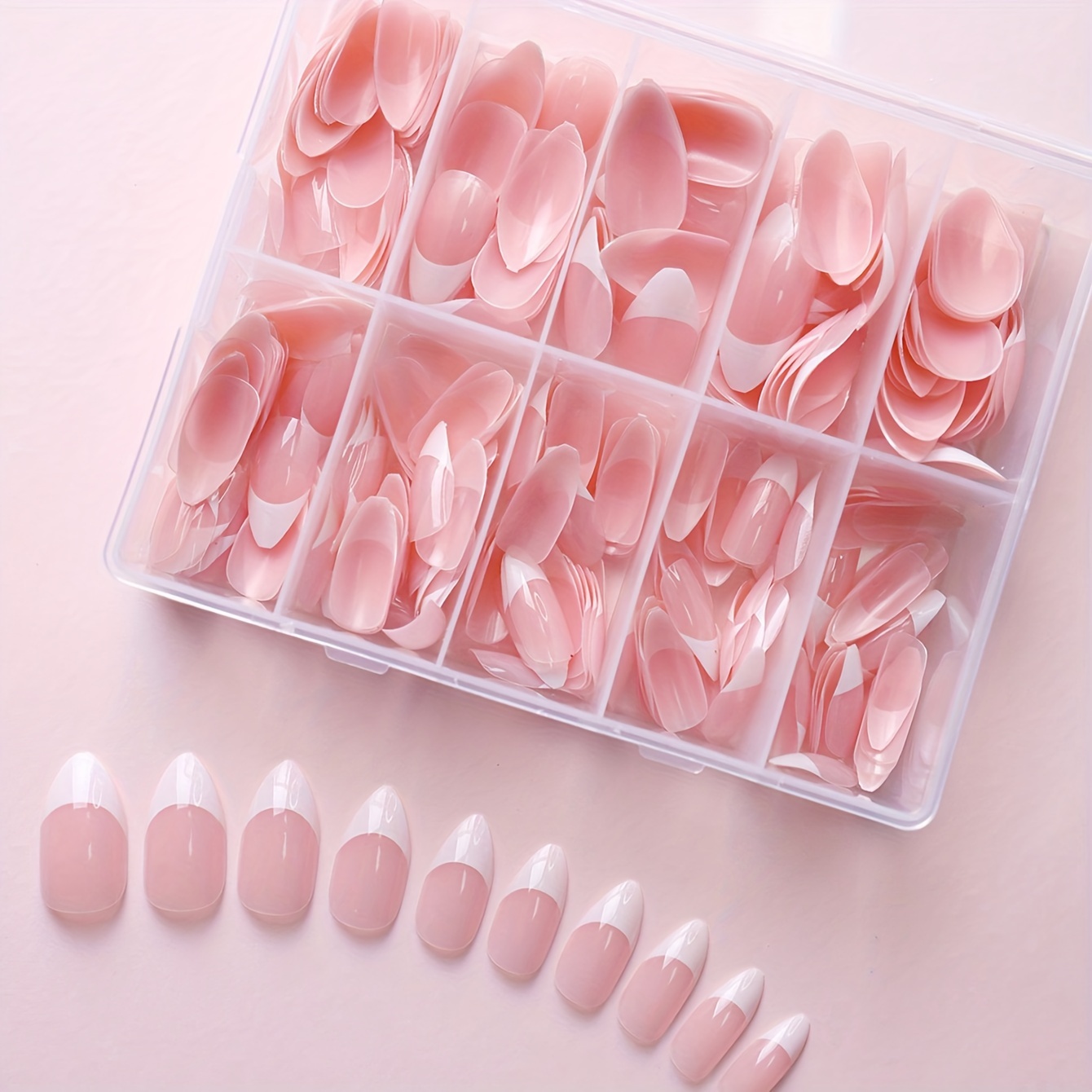 TEMU 360pcs Short Almond French Tip Nail Tips In Nude Pink And White - Full Coverage False Set, Suitable For Professional Nail Salons And Use, Nail Tech Supplies