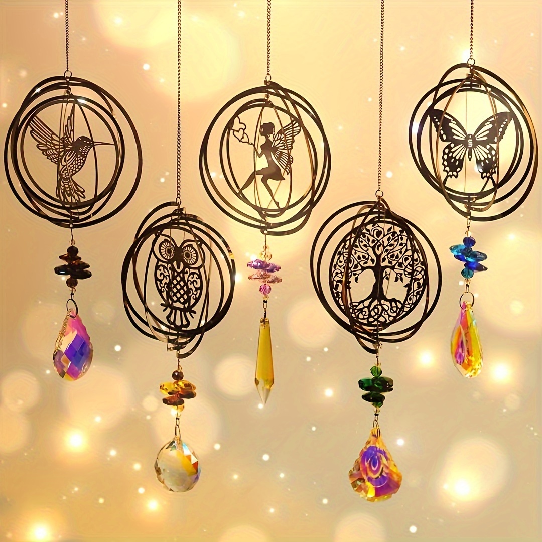 

5-piece Set Of Elegant 3d Rotating Wind Chimes, Featuring Tree Life, Owl, And Butterfly Designs, Perfect For Wedding Decoration And Outdoor Garden Landscaping