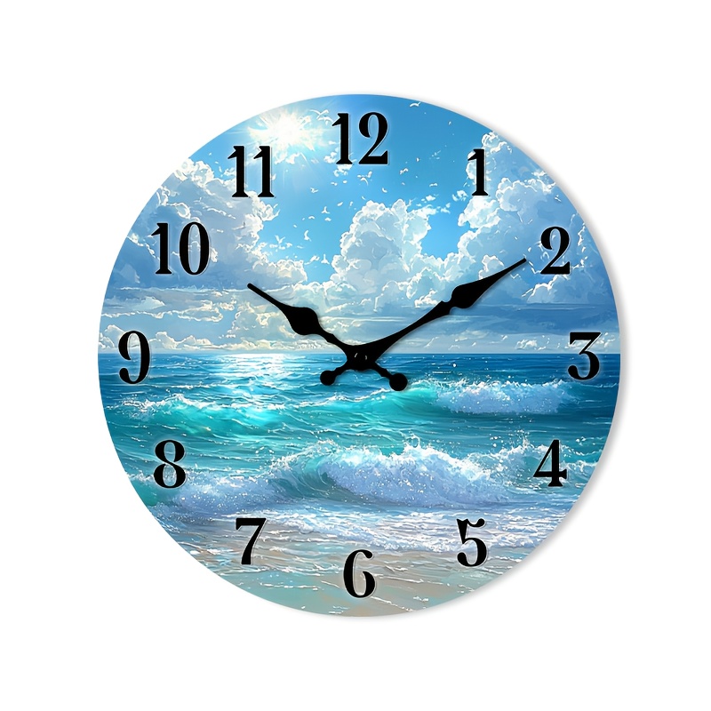 TEMU 1pc Of A Quiet Wall Clock That Tick, Featuring A Decorative Round Design Of Waves Under A Sunny Sky, Suitable For The Kitchen, Study, Hallway,