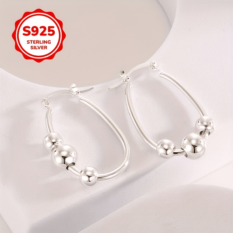 Women's 925 Silvery Fashion Round Bead Hoop Earrings