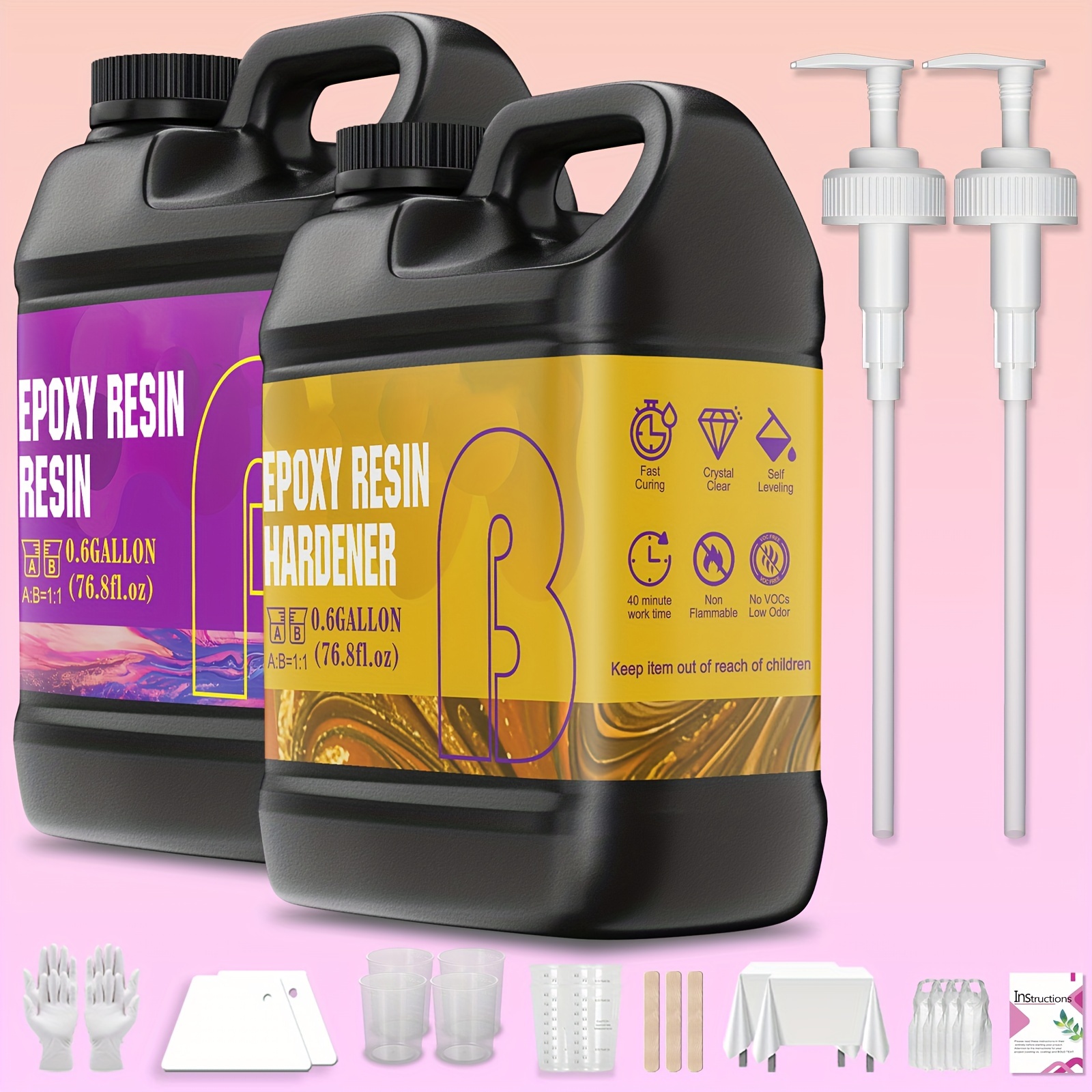 

1.2 Gallon Epoxy Resin Kit(0.6gala+0.6galb)- , No , Fast Cure, Art Resin For Jewelry Making, Diy Tumblers, Molds, Art Wood Painting