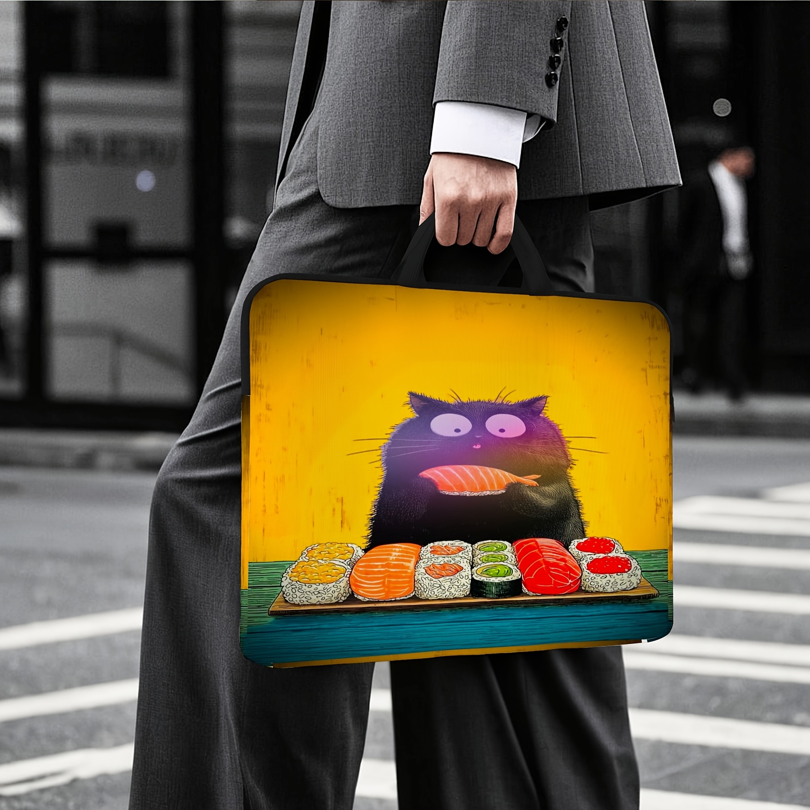 1pc laptop bag handheld laptop protection sleeve 2d   yellow distressed background fluffy   little black cat holding   japanese fun hand drawn illustration fits laptops portable laptop handbag protection sleeve