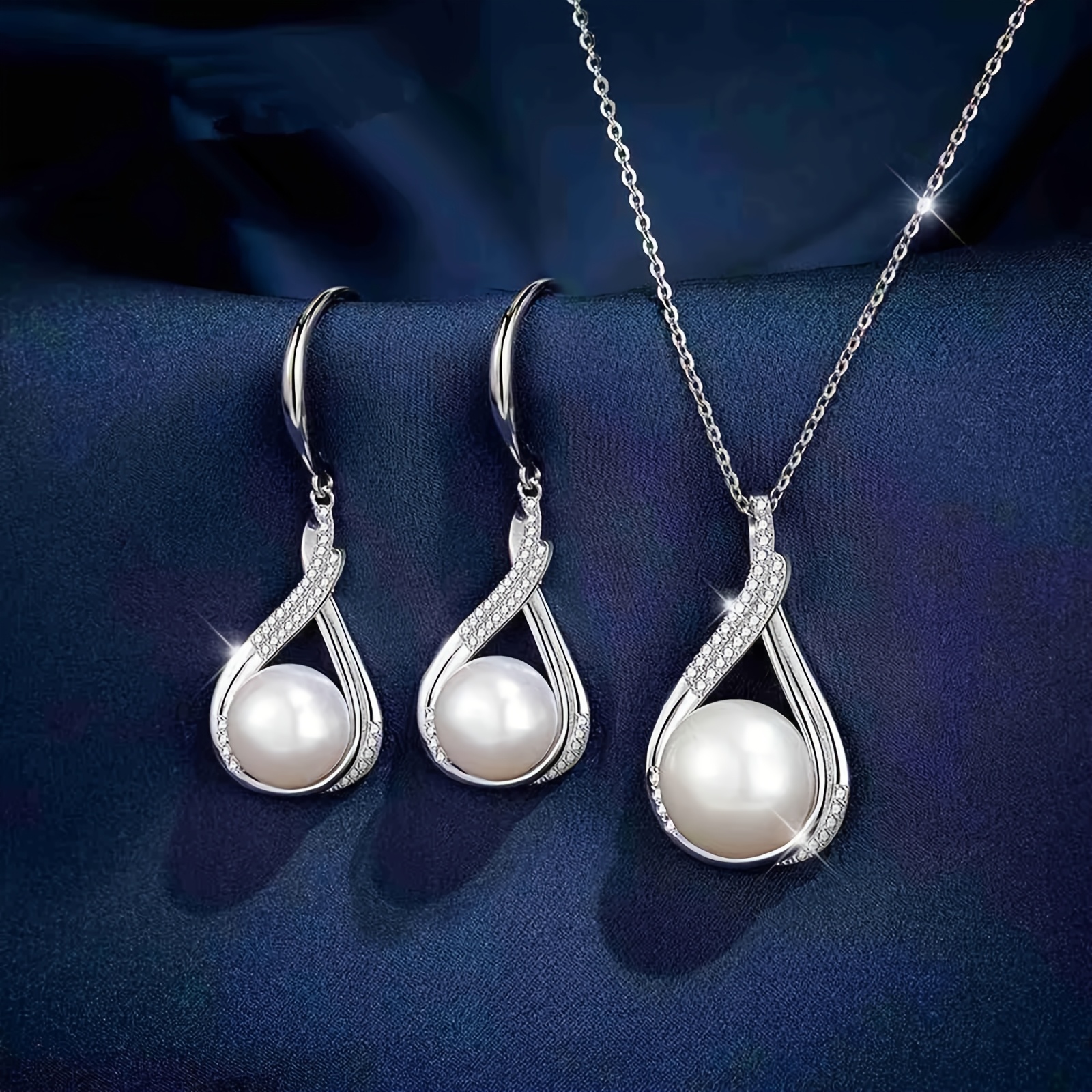 Image of Elegant Luxury Pearl Jewelry Set For Women, Teardrop-shaped Earrings And Necklace With Silvery-tone Base, Pearls & Sparkling Accents, Classic All- Accessory To In Casual & Formal Outfits