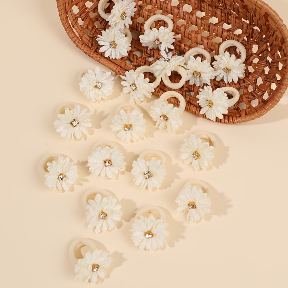 TEMU 20pcs White Daisy Rhinestone Mini Hair Ties Set, Soft Nylon Elastic Ponytail Holders For Women Cottagecore Floral Hair Accessories For Daily