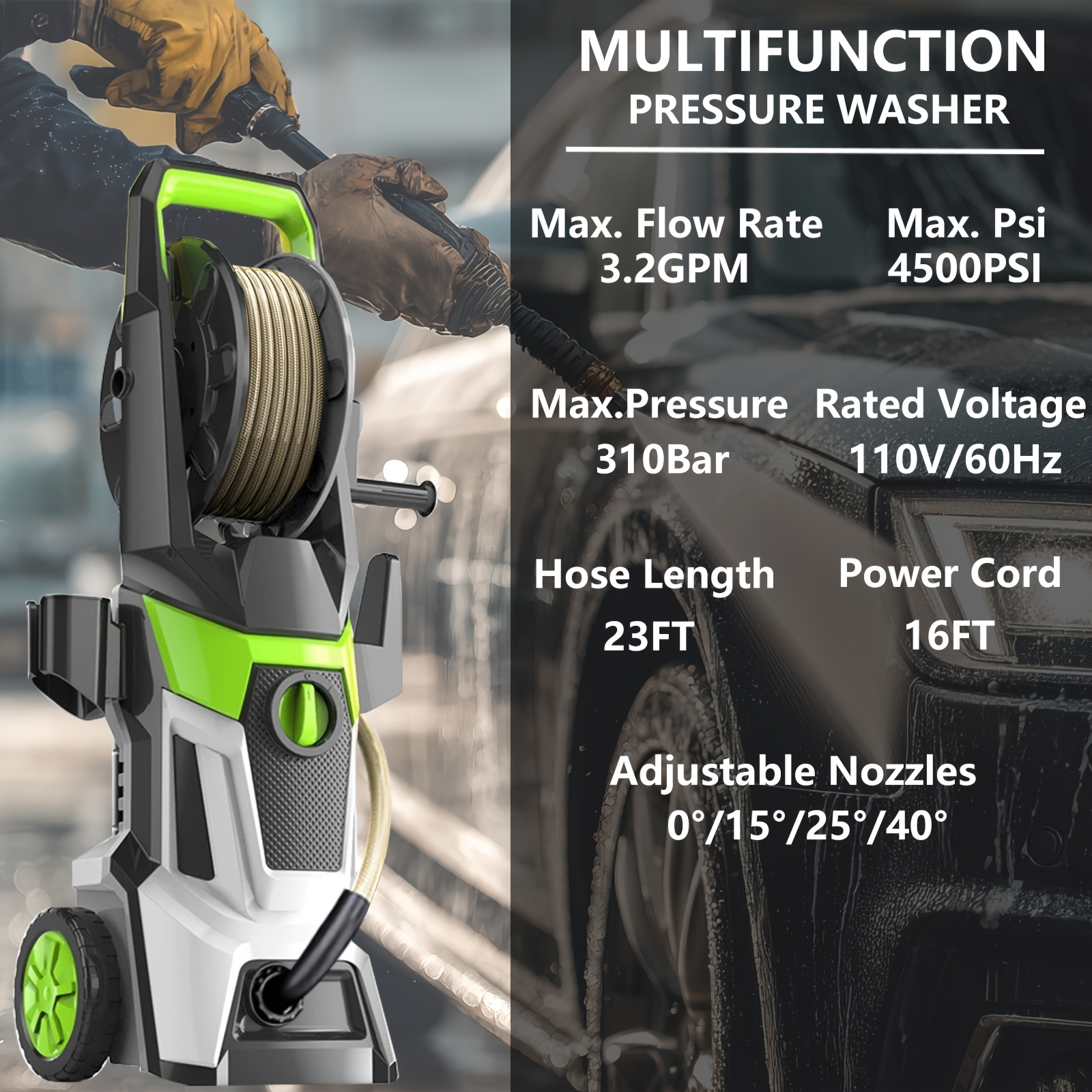 TEMU 4500 Psi 3.2 Gpm Electric Pressure Washer, Portable Power Washer With 4 Nozzles, Foam Gun, Inlet Hose & Filter, Heavy Duty Cleaner For Car,