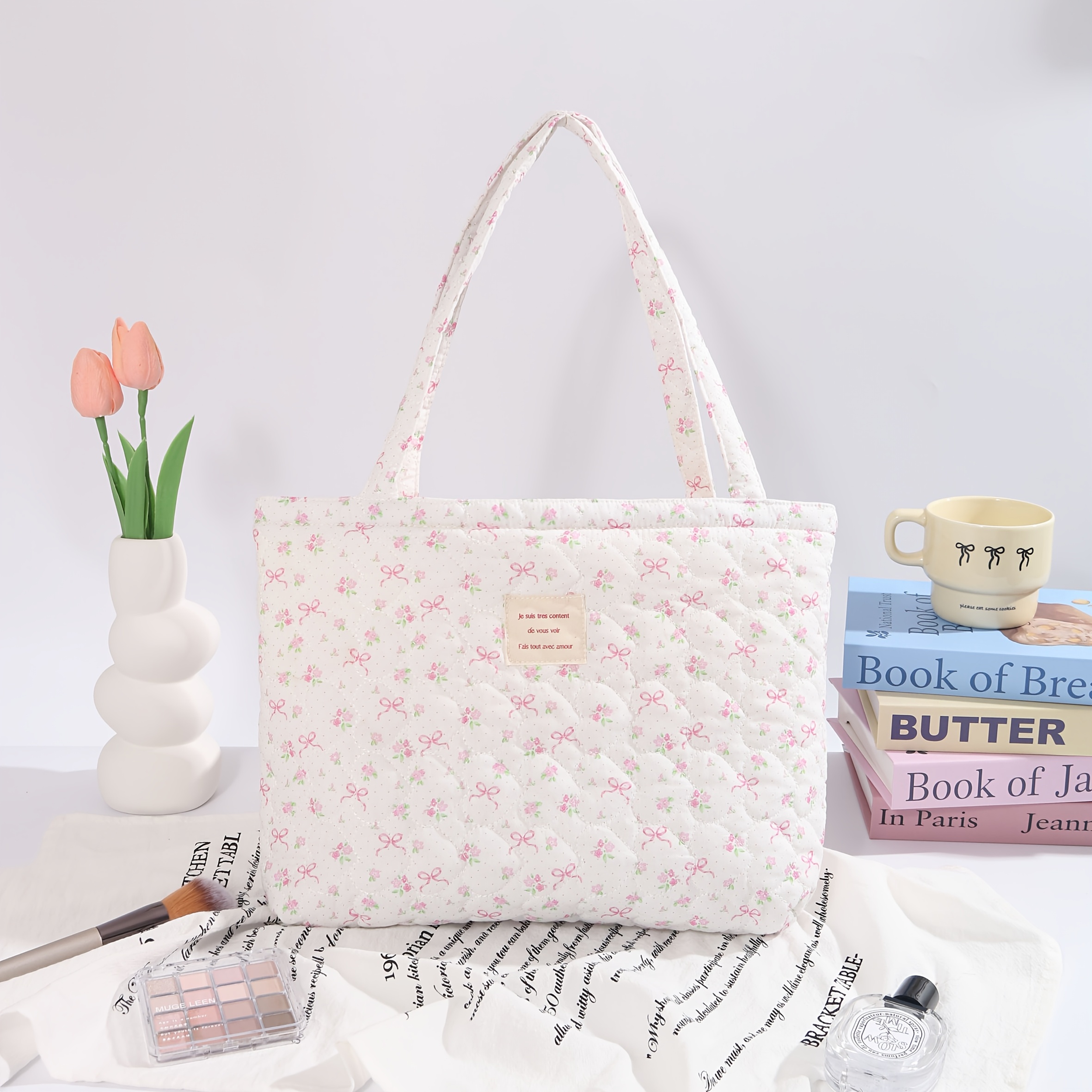 E-shop Gesteppte Damen Tote Bags mit Polsterung, Gesteppte Cord Handtaschen, Modische und leichte Schultertaschen mit Blumenmuster, Handtaschen mit