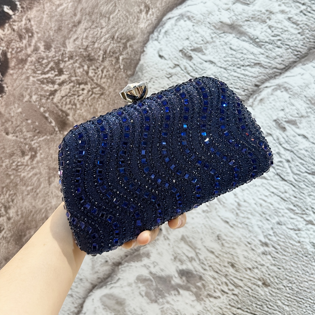 TEMU 1pc Women's Luxury Rhinestone Sparkling Handbag With Detachable Strap & Closure - Elegant Blue Suitable For Weddings, Parties, Banquets,