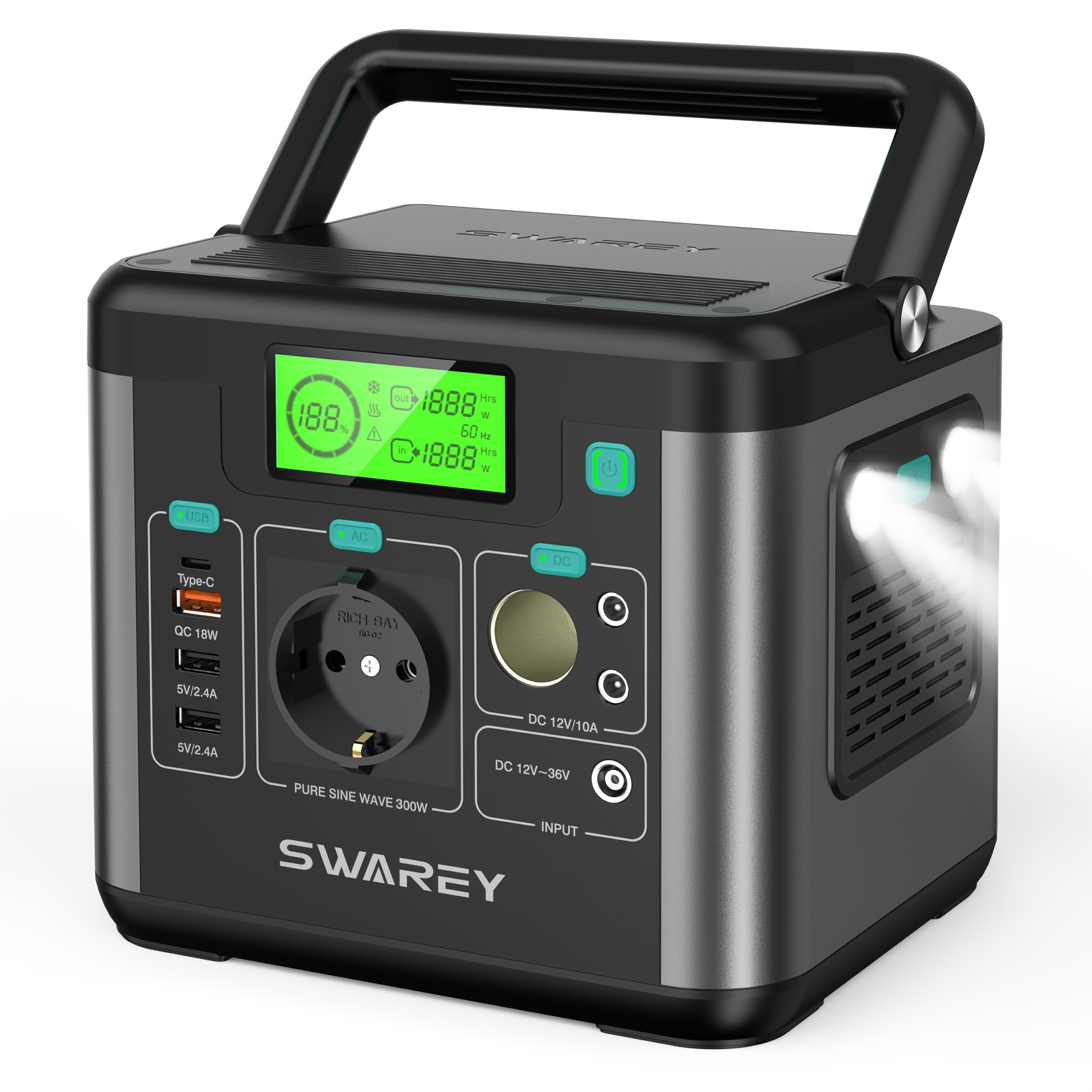 Image of Swarey Portable Power Bank Power Station, 222wh Lithium Battery Solar Generator With 300w Ac Outlet, Usb-c Pd 65w, Power Generator For Camping Travel Fishing Rv Laptop Smartphone