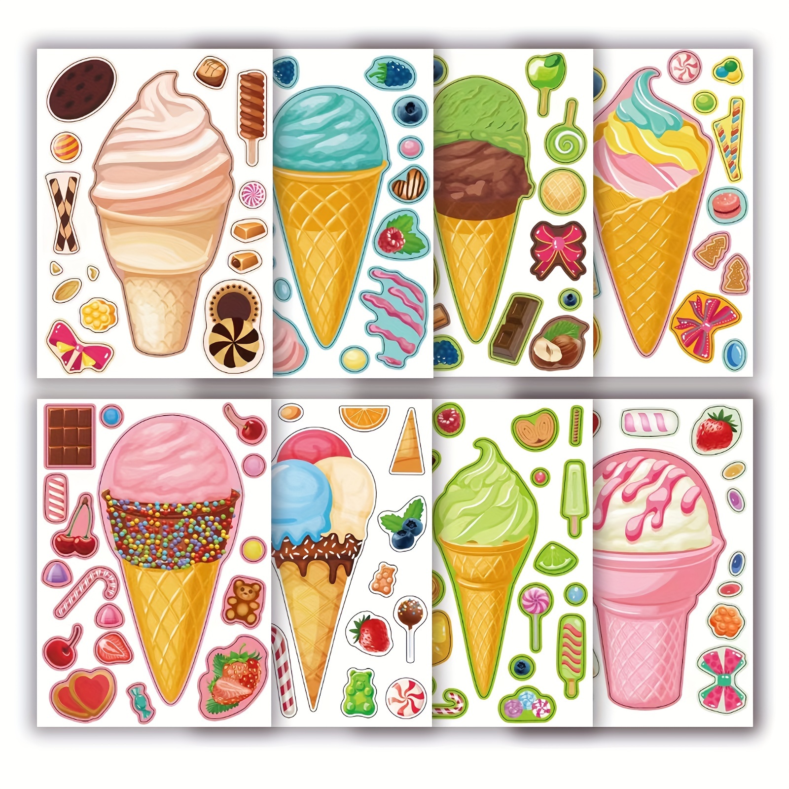 

8 Sheets Cute Ice Cream Puzzle Stickers, Cartoon Diy Stickers, For Water Cup Refrigerator Book Luggage Table Helmet Skateboard Camera Guitar Laptop