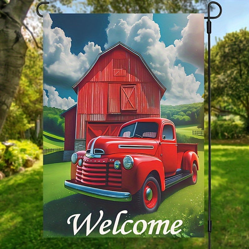 

1pc Rustic Red Truck Welcome Garden Flag (12"x18"), Farmhouse Outdoor Yard Decor, Double-sided Burlap Lawn Banner, Weatherproof & Washable, Festive Home Decorations