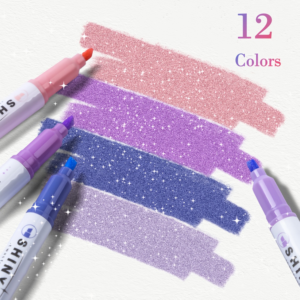 

12pcs Sparkling Glitter Highlighters, Assorted Colors, Quick-dry Ink, , For Notes And Crafts