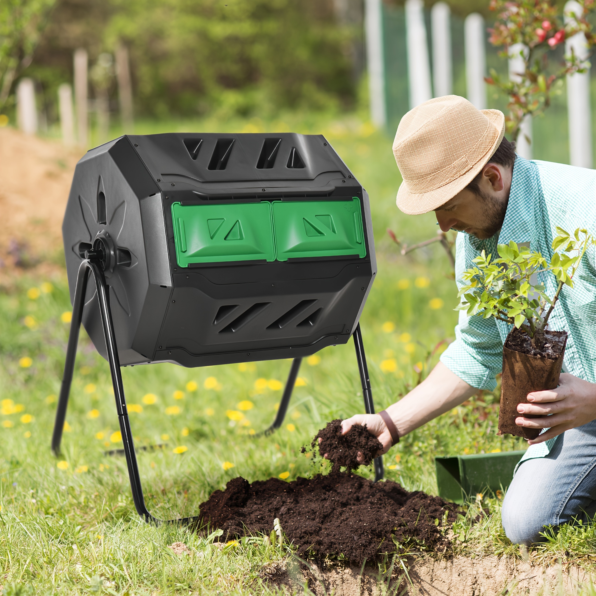 

Outsunny Tumbling Compost Bin Outdoor 360° Dual Chamber Rotating Composter 43 Gallon, Green