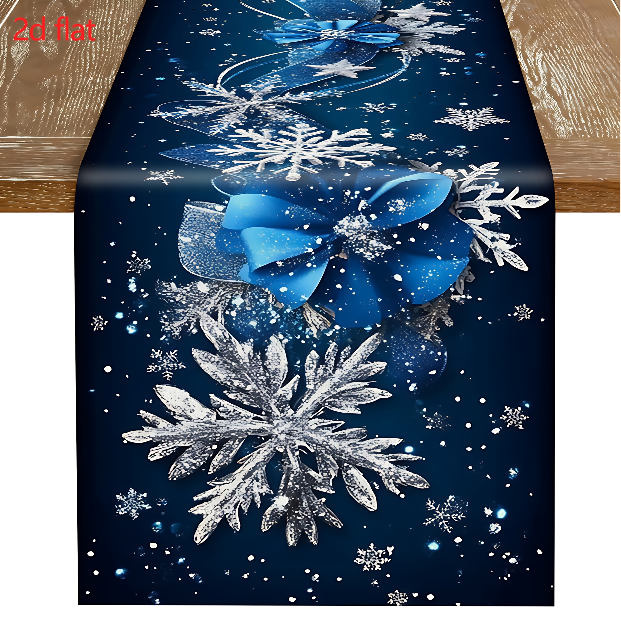 TEMU 1pc Christmas Table Runner, Base With Sparkling Silvery Snowflakes, With Dynamic Blue Ribbon And Elegant Bow, Exuding Amidst Falling Snowflakes.