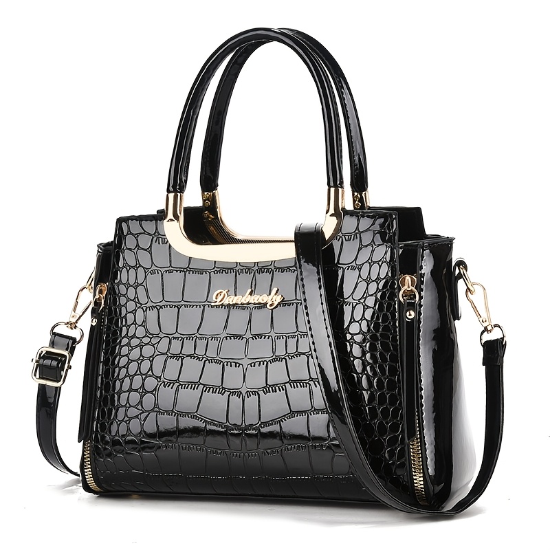 TEMU Women's Crossbody Bag, Glossy Crocodile Pattern Handbag Tote Bag, Large-capacity Patent Faux Leather Shoulder Commuter Bag, Middle-aged Mother'