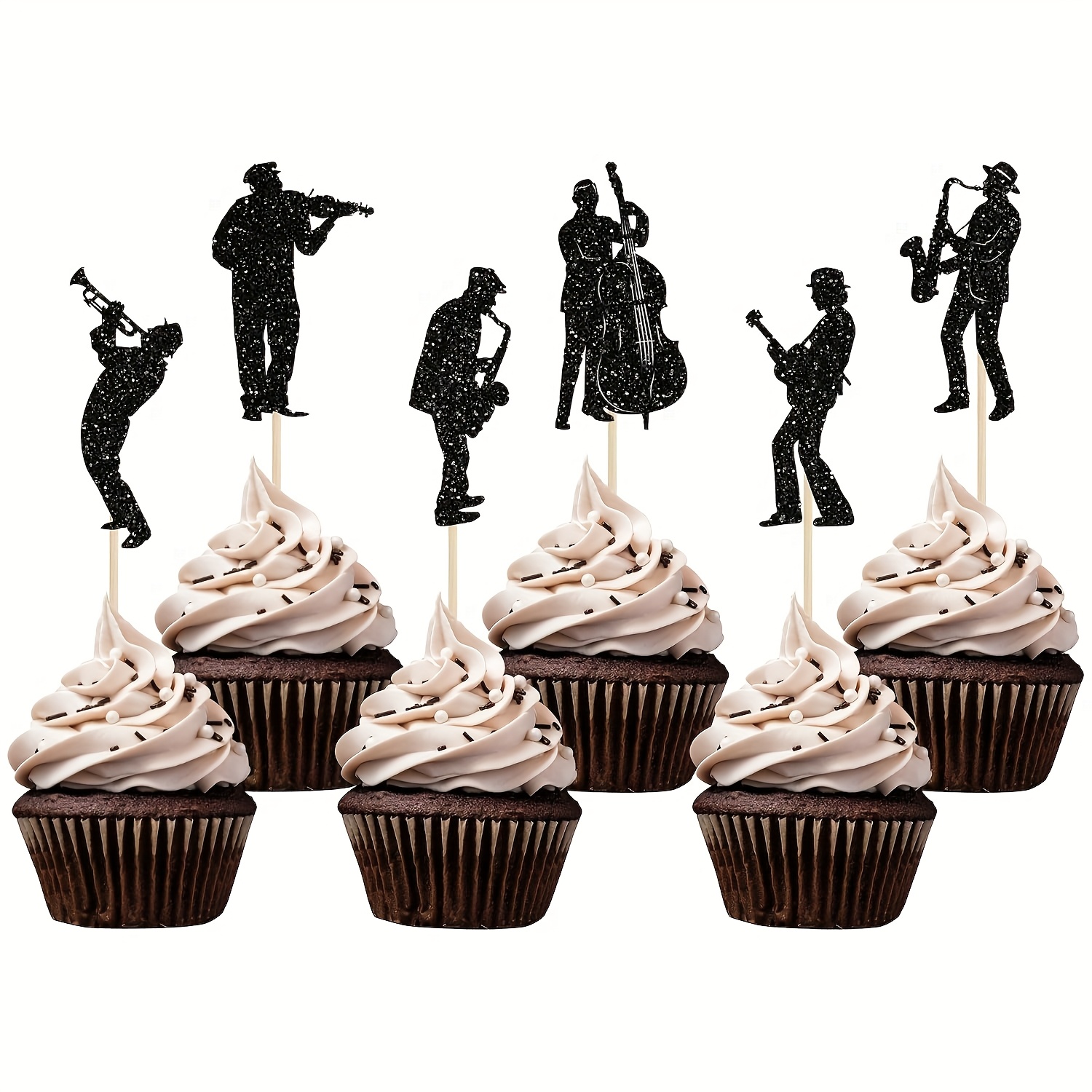 24pcs Musician Cupcake Toppers Glitter Saxophone Silhouette Note Cupcake Picks Music Concert Cake Decorations For Wedding Shower Birthday Party Supplies Black
