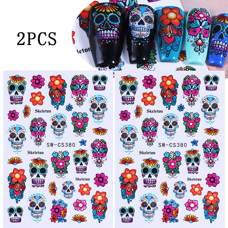 TEMU 2 Sheets Floral Nail Stickers, Self-adhesive Colorful & Flower Pattern Nail Decals, Halloween Nail Art Decorations, Holiday Nail Supplies
