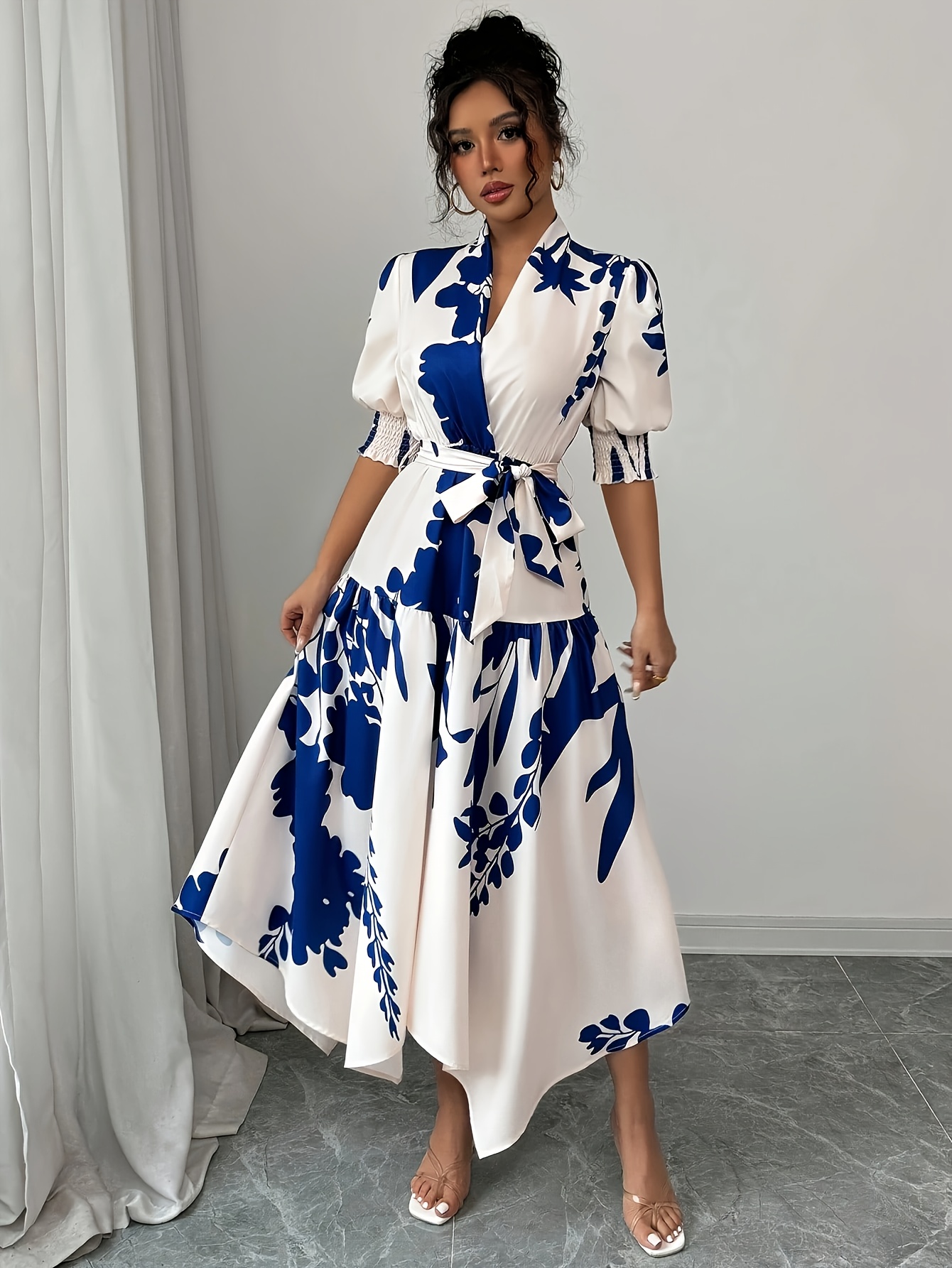 womens elegant floral print wrap dress v neck cross detail - Temu Mexico