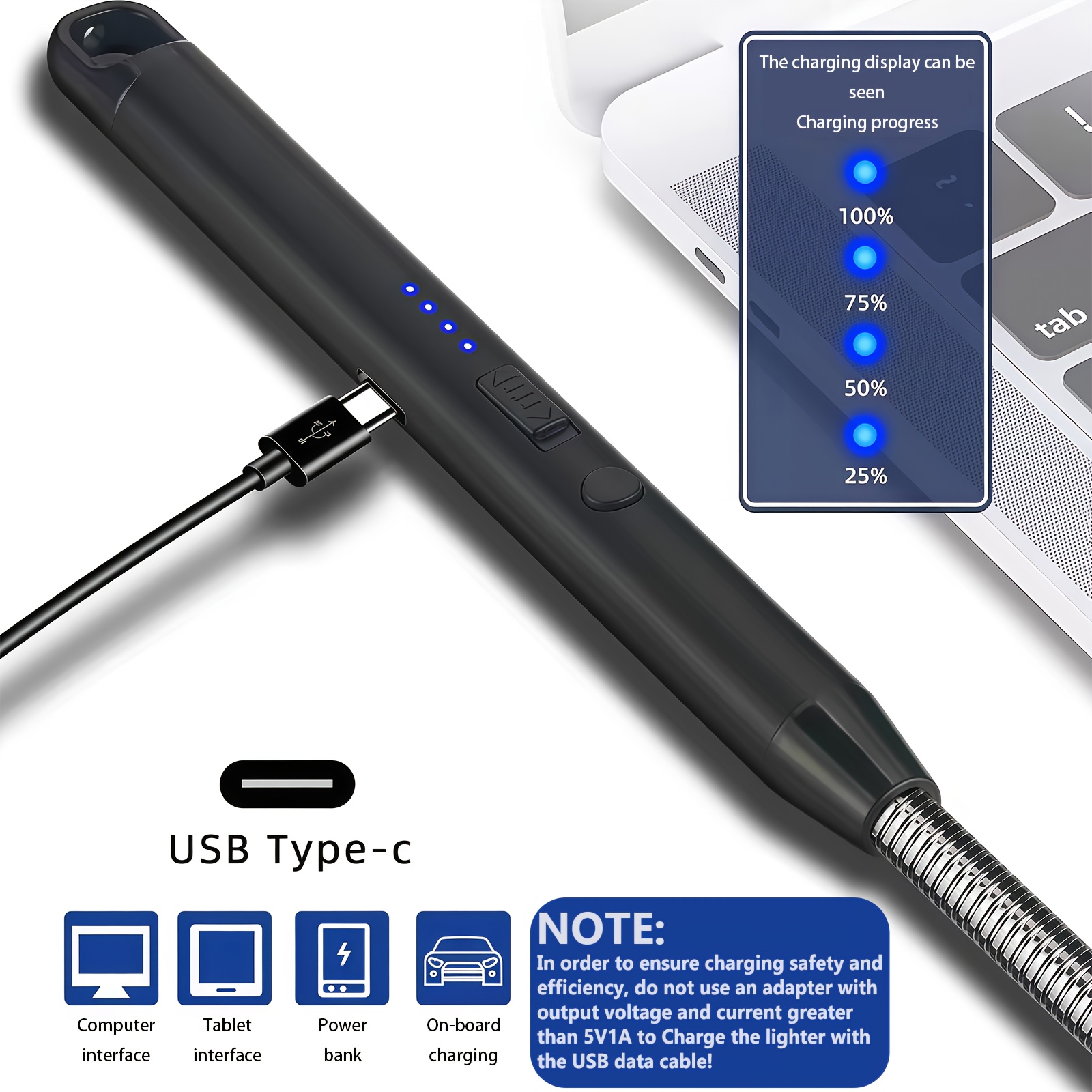 USB Greito Įkrovimo Ilgalaikis Impulsinis Uždegiklis | Išplėstas Šilumą Atsparus Metalinis Korpusas | Daugiafunkcis Uždegimo Lazdelė Lauko Stovyklavimui/Avarinėms Situacijoms/Virtuvės Dujinėms Viryklėms/Aromaterapijos Žvakėms | Nešiojamas Saugus Įkraunamas Žiebtuvėlis, Dujinės Viryklės Uždegiklis